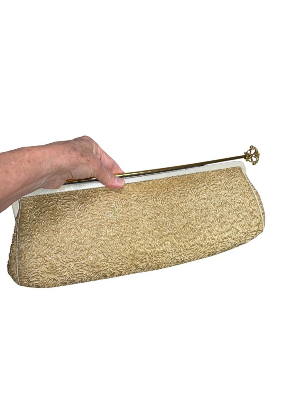 Oversized 16" 1950s gold brocade clutch with ornate filigree twist rod clasp